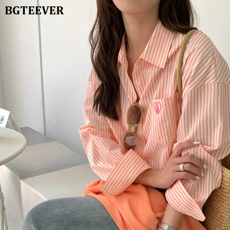 BGTEEVER Stylish Long Sleeve Women Striped Blouses Tops Spring Pocket Casual Single-breasted Lapel Cotton Shir