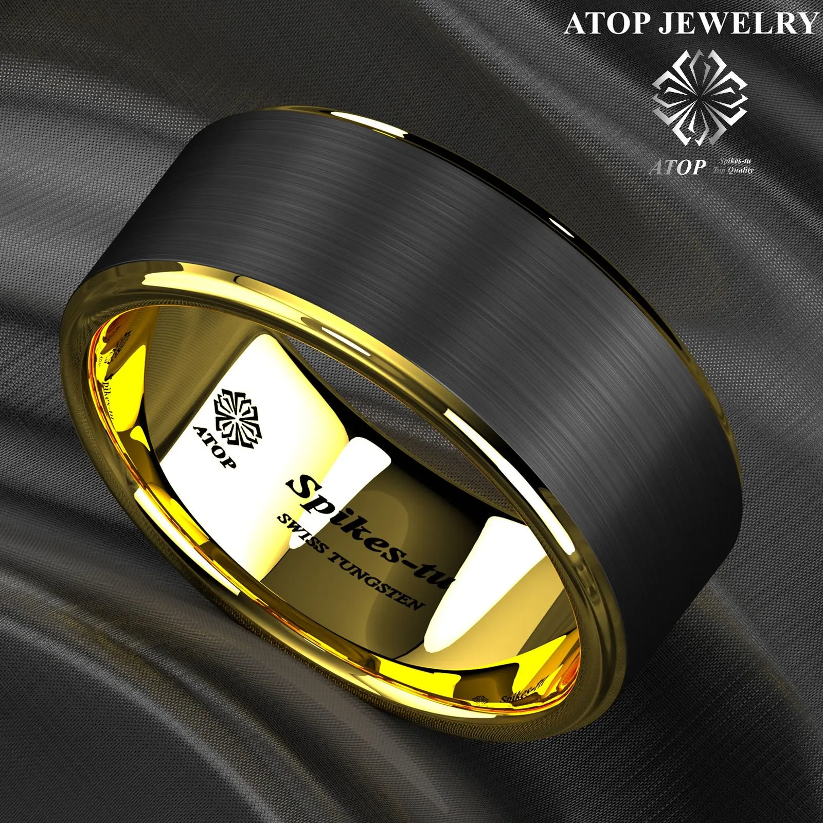 

8mm Tungsten Ring Black Brushed Gold Stripe Wedding Band ATOP Men's Jewelry