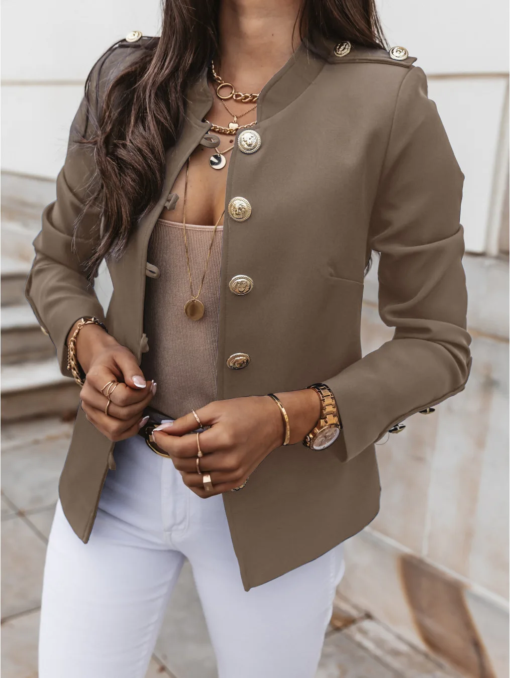 2023 New Autumn and Winter Fashion Long-sleeved Solid Color Blazer Khaki Office Ladies Slim Coat Warm Short Coat Clothing Tweed