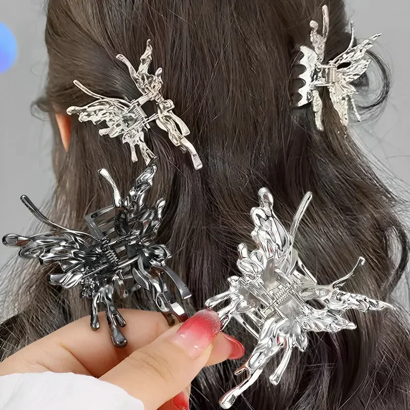 New Liquid Butterfly Hair Clip Metal Wind Silver Grab Clip Shark Clip Ladies Geometric Headband Retro Punk Hair Accessories