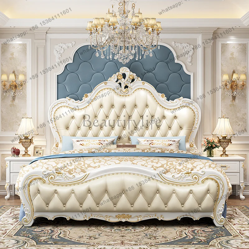 FG European Double Bed Wooden Design Leather Queen Bed Simple Luxury Bedroom Princess Safe Letto Matrimoniale Trendy Furniture
