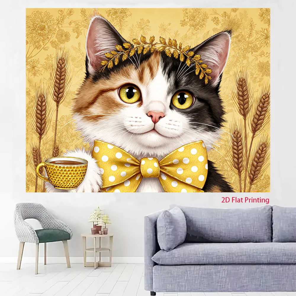 Luxurious Cat Portrait Wall Tapestry Polyester Fabric Golden Wheat Background Cottagecore Farmhouse Home Decor Art Print