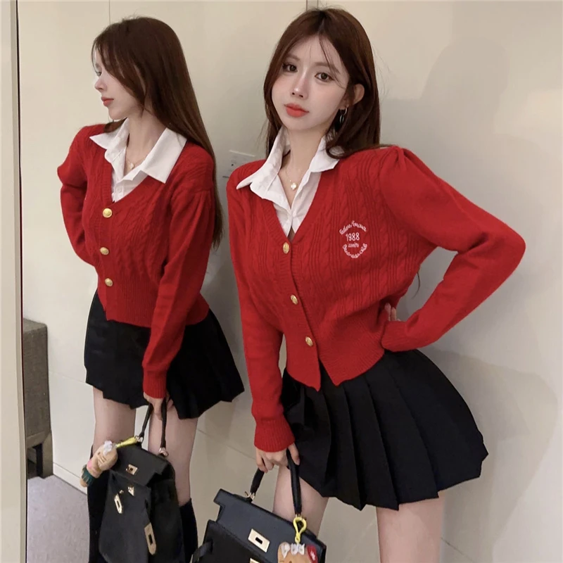 Spring 2024 Preppy Style Korean Girls Mock Two-piece Knitted Cardigan Sweater Black Pleated Skirt Set Women JK Uniform Set Xmas