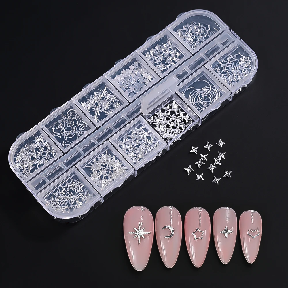 12 rejillas 3D de lujo, luna plateada, estrellas, tachuelas para uñas, Mini joyería de aleación de Metal, estrella cruzada plateada, decoración de uñas, joyería Y2K para manicura