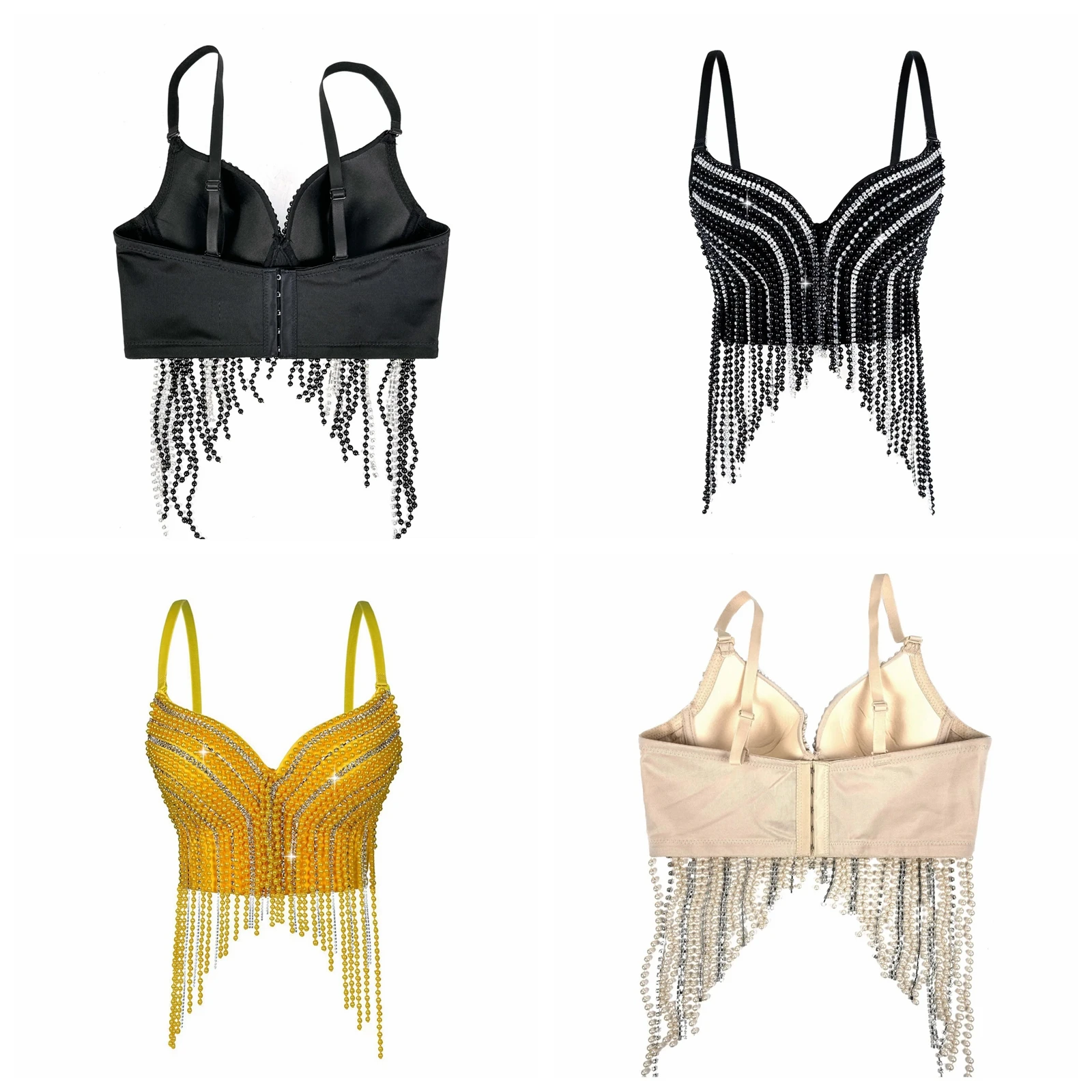 

Women's Tassels Belly Dance Costume Music Festival Dance Camisole Fringed Vest Push-up Underwire Bra Crop Tank Top Clubwear