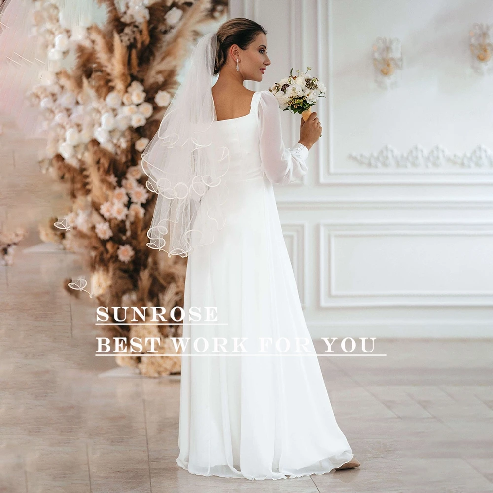 SUNROSE Abiti da sposa civili 2025 Chiffon Colletto quadrato Manica lunga Lunghezza pavimento Abiti da sposa semplici da spiaggia per la sposa Personalizzati