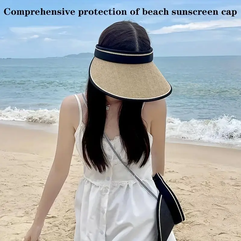 New Summer Straw Hat for Women Foldable Empty Top Sun Hats Outdoor Beach Anti-UV Protection Wide Brim Female Sunscreen Visor Cap