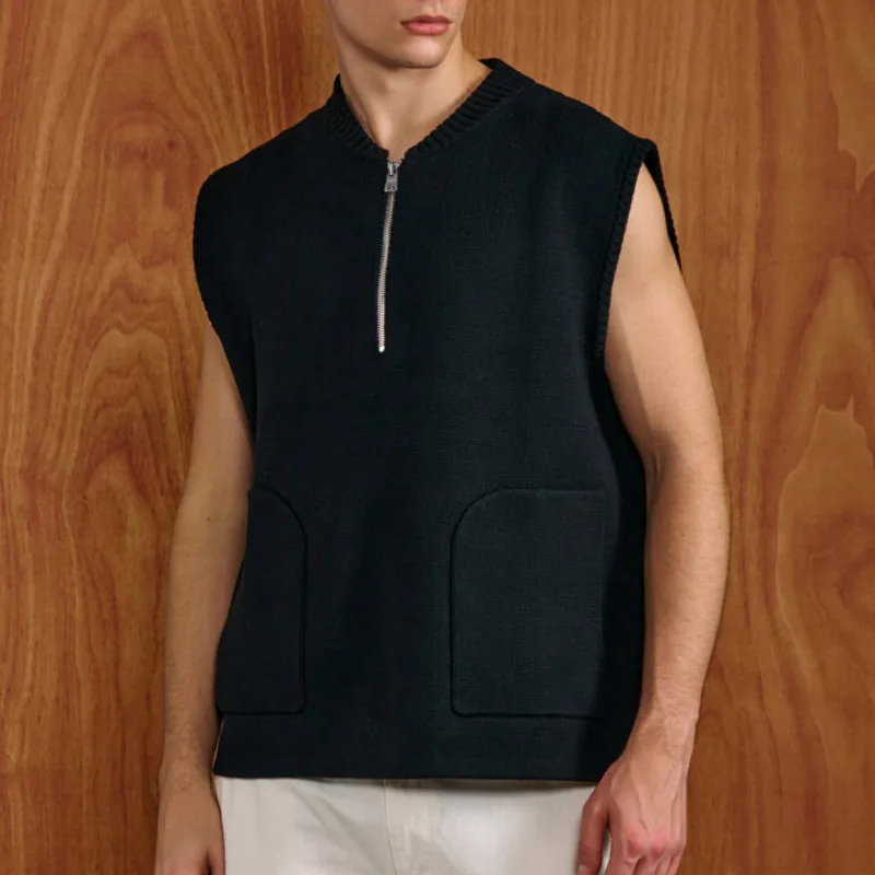HKSH Autumn Winter New Men Simple Half-Zip Stand Collar Pockets Cotton Knitted Vest Trendy Casual Fashion Chic Waistcoat HK18453