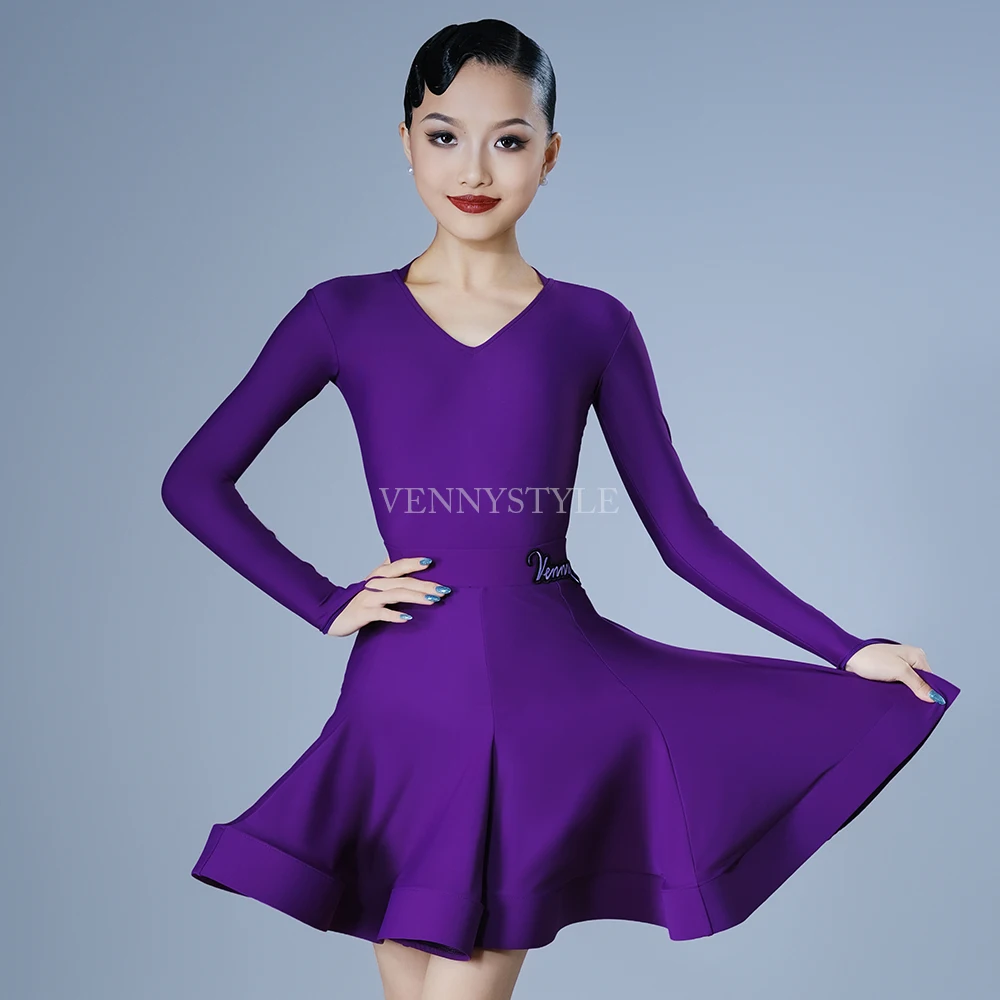 

Vennystyle Latin Dance Costume - V-Neck Two-Piece Standard Competition Outfit in Noble Purple, Professional Custom for Women and