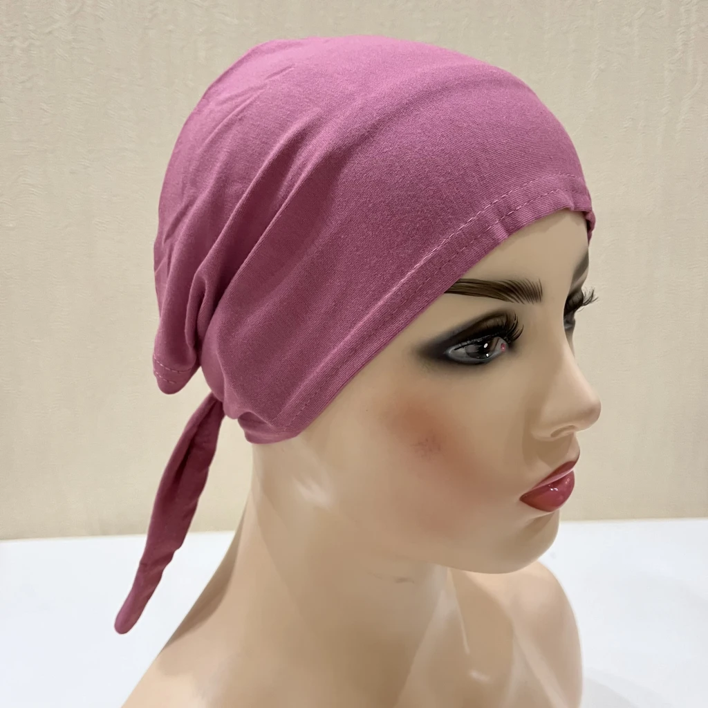 H048 Plain Cotton tie back hats Muslim Turban Pure Color Stretch Inner Hijabs underscarf Women Head Scarf Under Hijab Bonnet