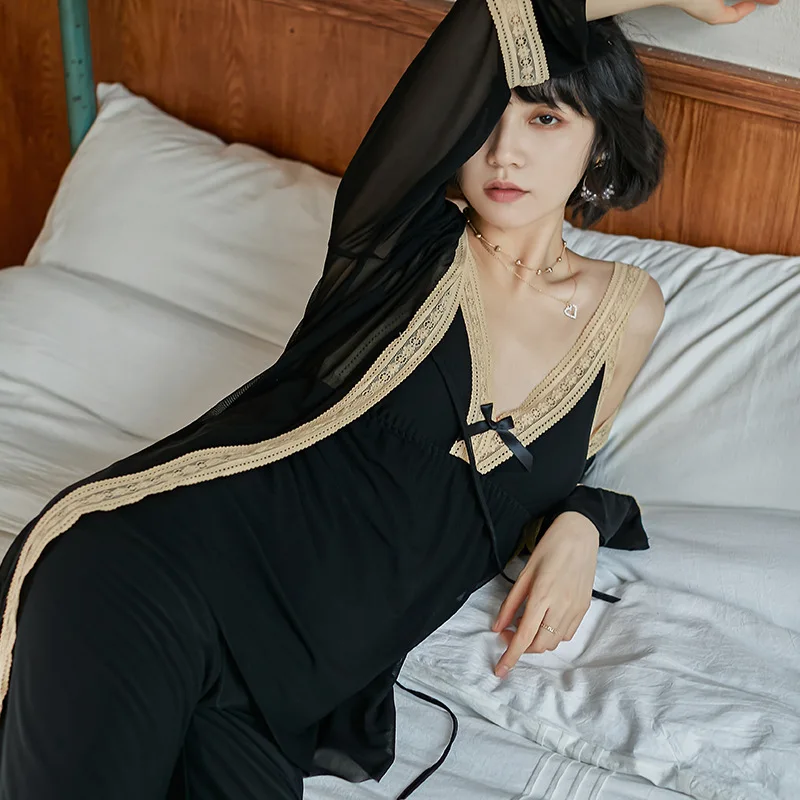 

Trendy mesh new fashionable suspender trousers three-piece set with thin pajamas with chest pads for women's loungewear