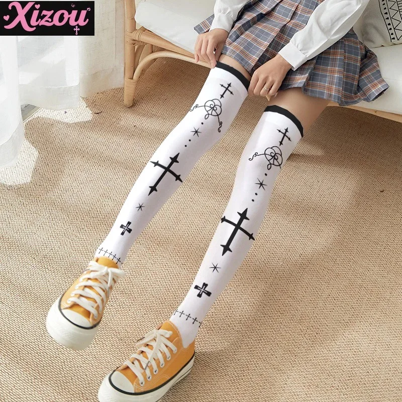 Japanese Yabi y2k printed stockings thin women's spring autumn Lolita cute sweet anime kneee-length white velvet socks female
