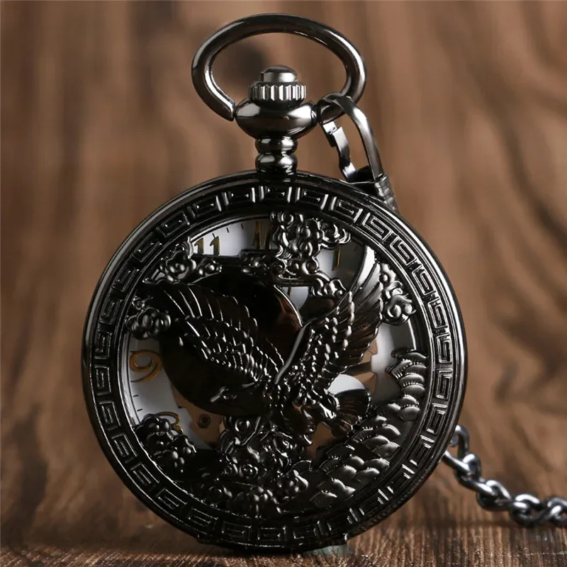 Antique Black Hollow Eagle Case Skeleton Hand-winding Mechanical Men Pocket Watch Arabic Number Clock with Chain