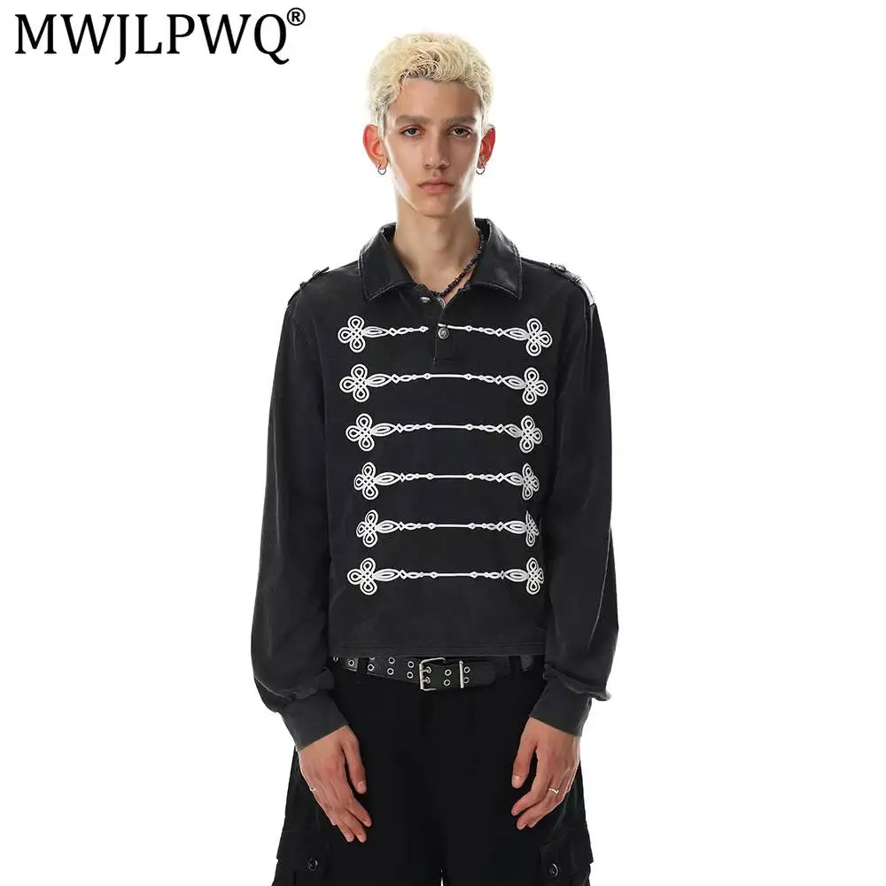 MWJLPWQ American Retro Distressed Long-Sleeve Polo T-Shirt Men Spring Autumn Ins Design Printed Casual PU Leather Tops 20106