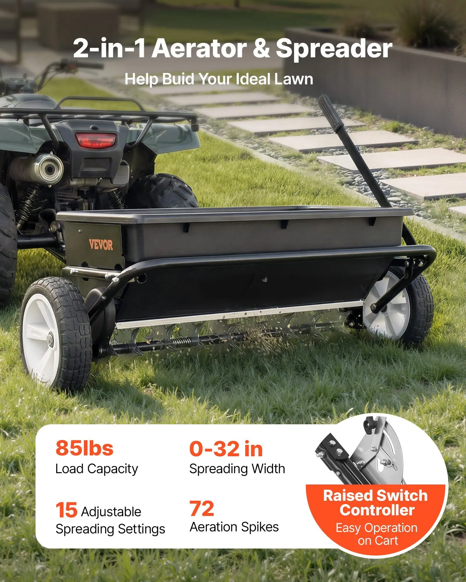 

Прицепной разбрасыватель для газона с аэрационными шипами, ширина разбрасывания 32 дюйма, универсальный разбрасыватель с универсальным креплением, садовый сеялка-разбрасыватель