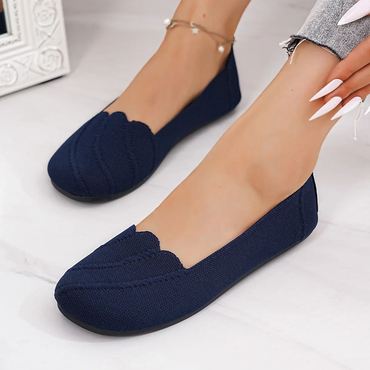 Lässige, flache, gestrickte, ausgehöhlte Arbeitsschuhe für Damen, einfarbig, runde Zehenpartie, atmungsaktive Slip-On-Schuhe, bequeme Sommerschuhe – Detail 8