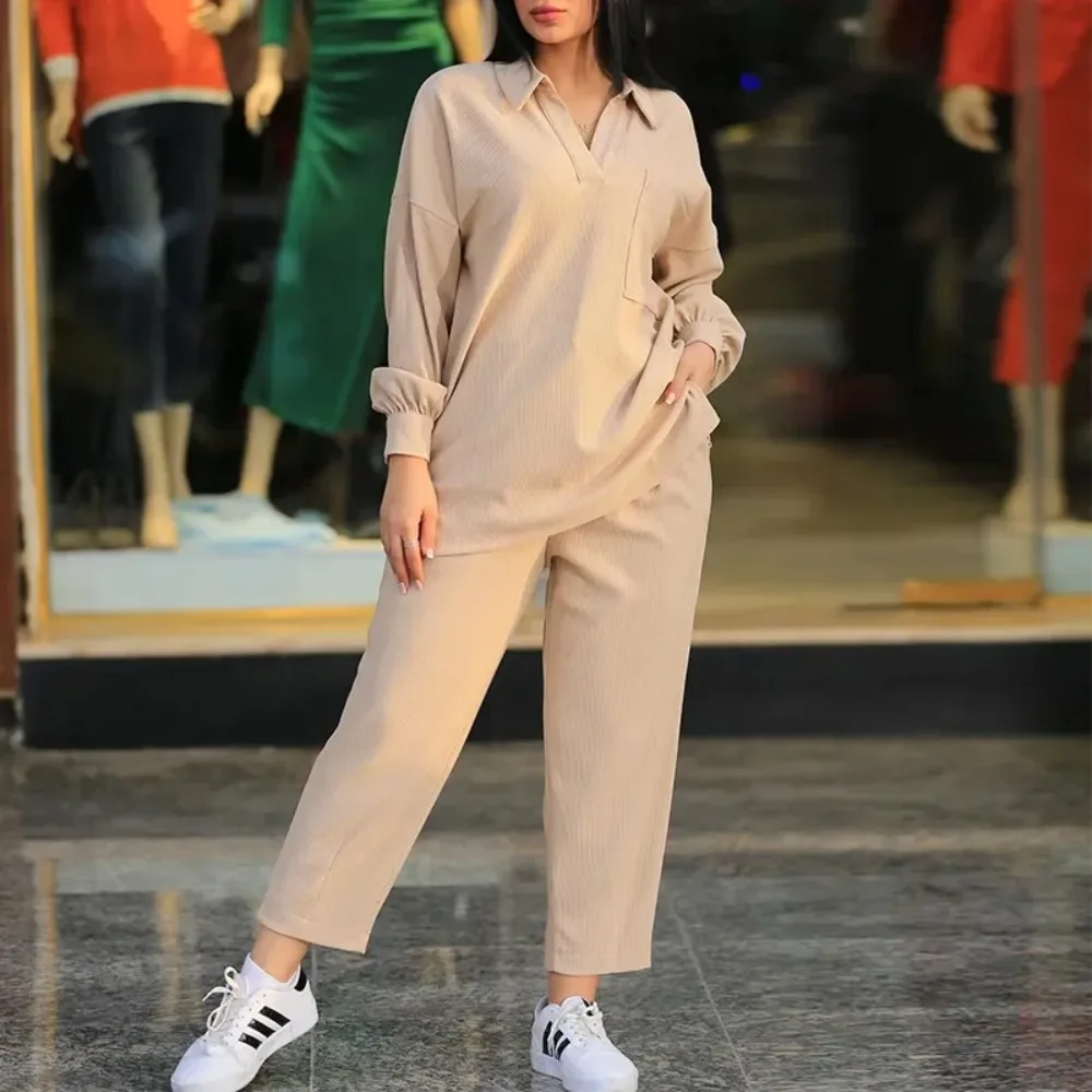 

Women Chic Two Piece Set Tracksuits Outfits 2024 Autumn Polo Collar Long Sleeve Shirt High Waist Pocket Casual Pants Sets