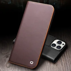 Qialino Brand Genuine Premium Leather Cowhide Flip Mobile Phone Case Cover For iPhone 15 16 Pro Max Plus Matte Retro Kickstand