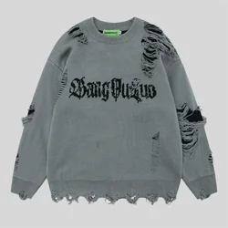 Torn Smooth Sweater Men Retro Ripped Hole Knitted Letter Plain Jumpers Men Streetwear Hip Hop Harajuku Punk Gothic Sweaters