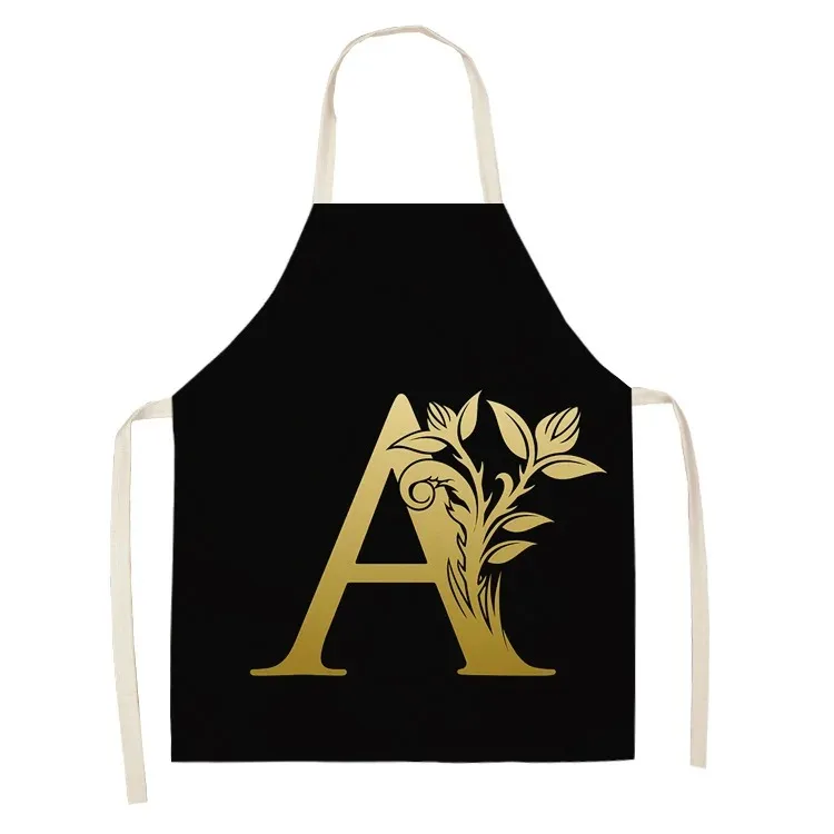 Gold Letter Alphabet Pattern Kitchen Apron 53*65cm For Woman Sleeveless Cotton Linen Aprons Cooking Home Cleaning Tools