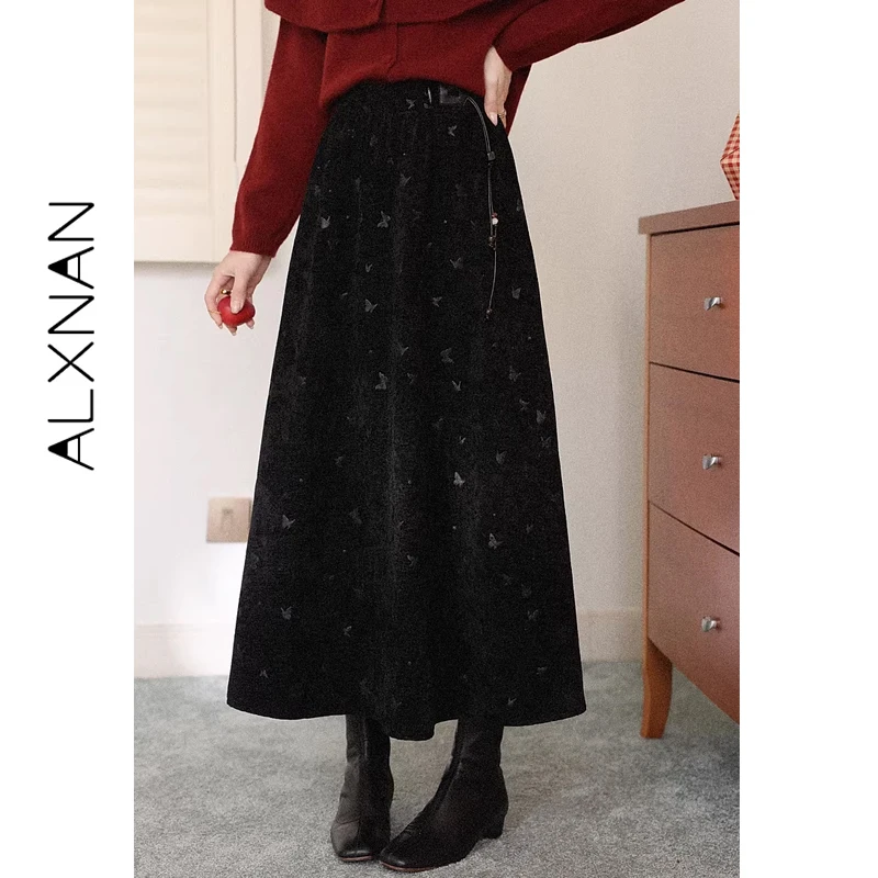 

ALXNAN Элегантная женская юбка с высокой талией, зимние черные юбки-миди трапециевидной формы для женщин, длинные модные женские юбки с шикарным бантом L60558