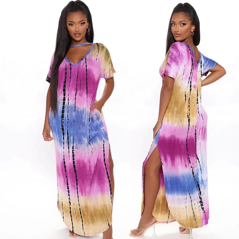 

Summer 2024 Women's tie-dye Print Dress Casual V-neck short sleeve Bohemian full-length dress