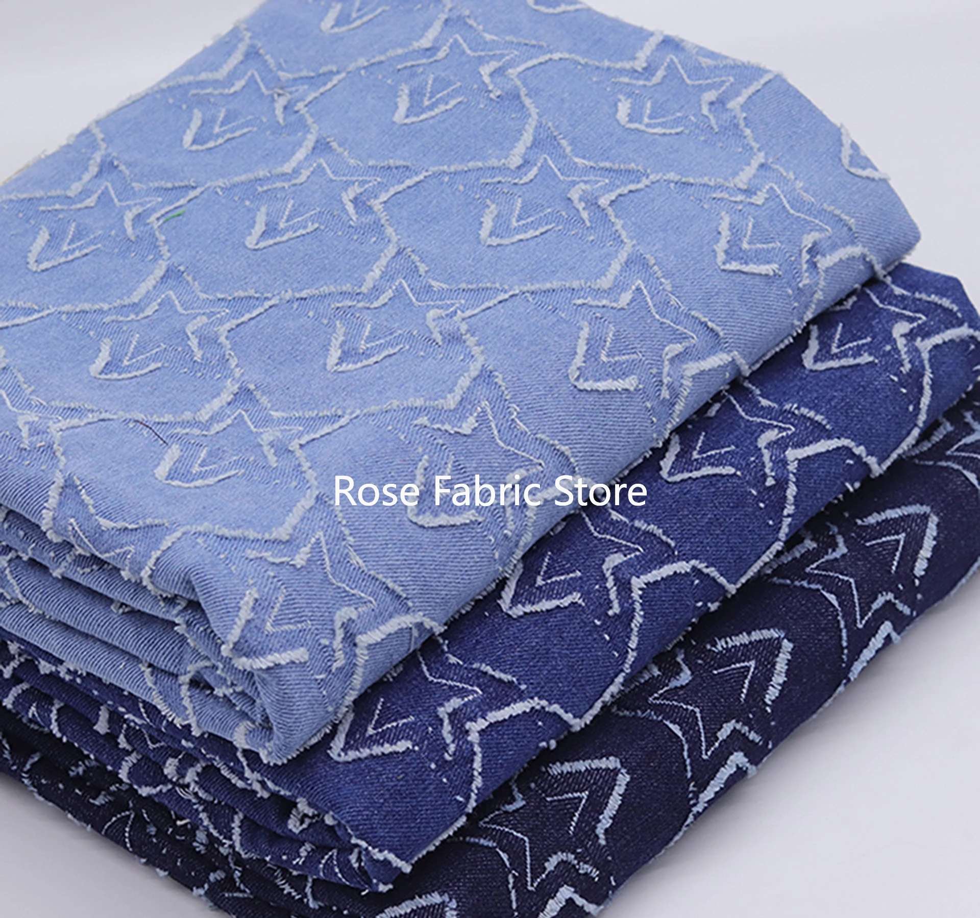 1 meter 3D star-patterned jacquard washed denim fabric for clothing, shirts, jeans, dresses, hats, and shoes.
