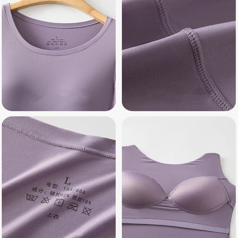 FINETOO Autumn Winter Built-in Bra Pads Warm Base Layer Top For Women Seamless High Elastic Keep Warm Heating Clothes Inner Wear