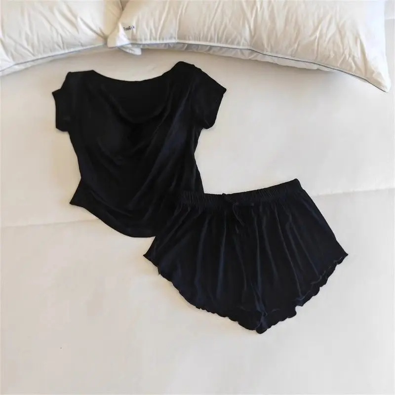 New Summer Women V-neck Casual Temperament Sleepwear Set Solid with Chest Pad Casual Comfortable Outer Wear Short Sleeve Shorts