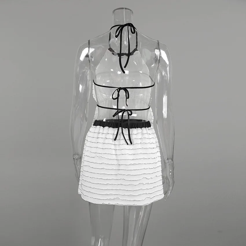 Spring Striped Jacquard Knit Set Suit Women Sleeveless Halter Neck Lace Up Tops+high Waist Slim Mini Skirt Autumn Two Piece Set