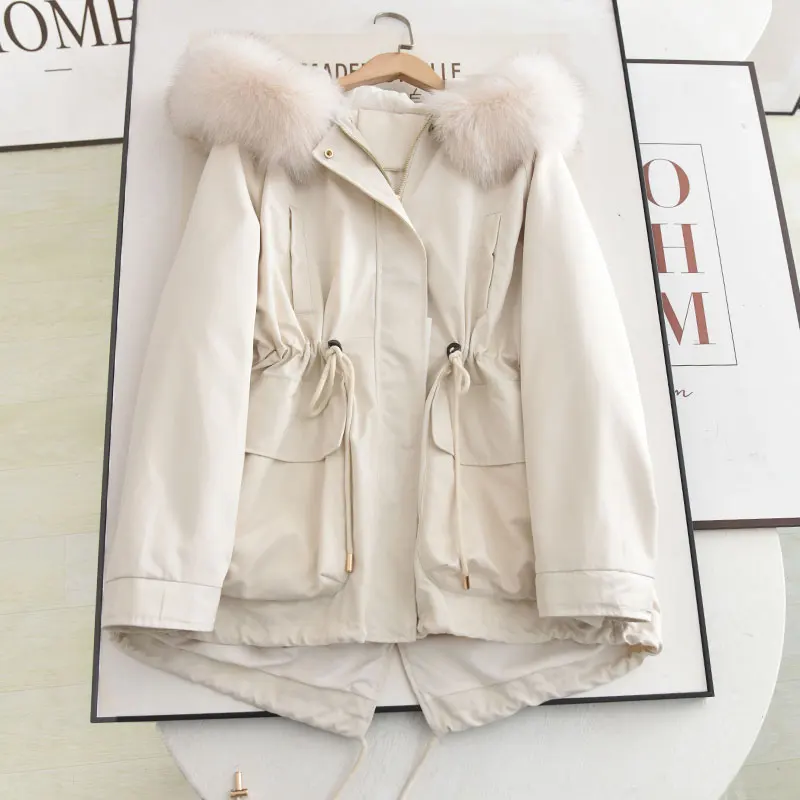 

Detachable Inner Cotton Jaet McSystem Hooded Waist Cinching Slimming Large Fur Collar Parka Sle Outerwear Ele