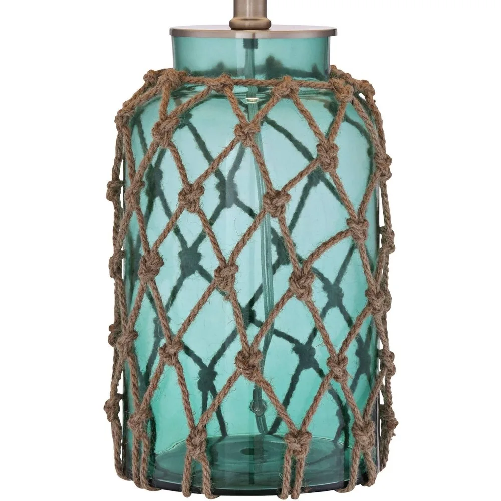مصباح طاولة شبكي بحبل زجاجي أزرق وأخضر ساحلي مع غطاء طبل أبيض فاتح، ارتفاع 22.5، نمط كوخ ريفي