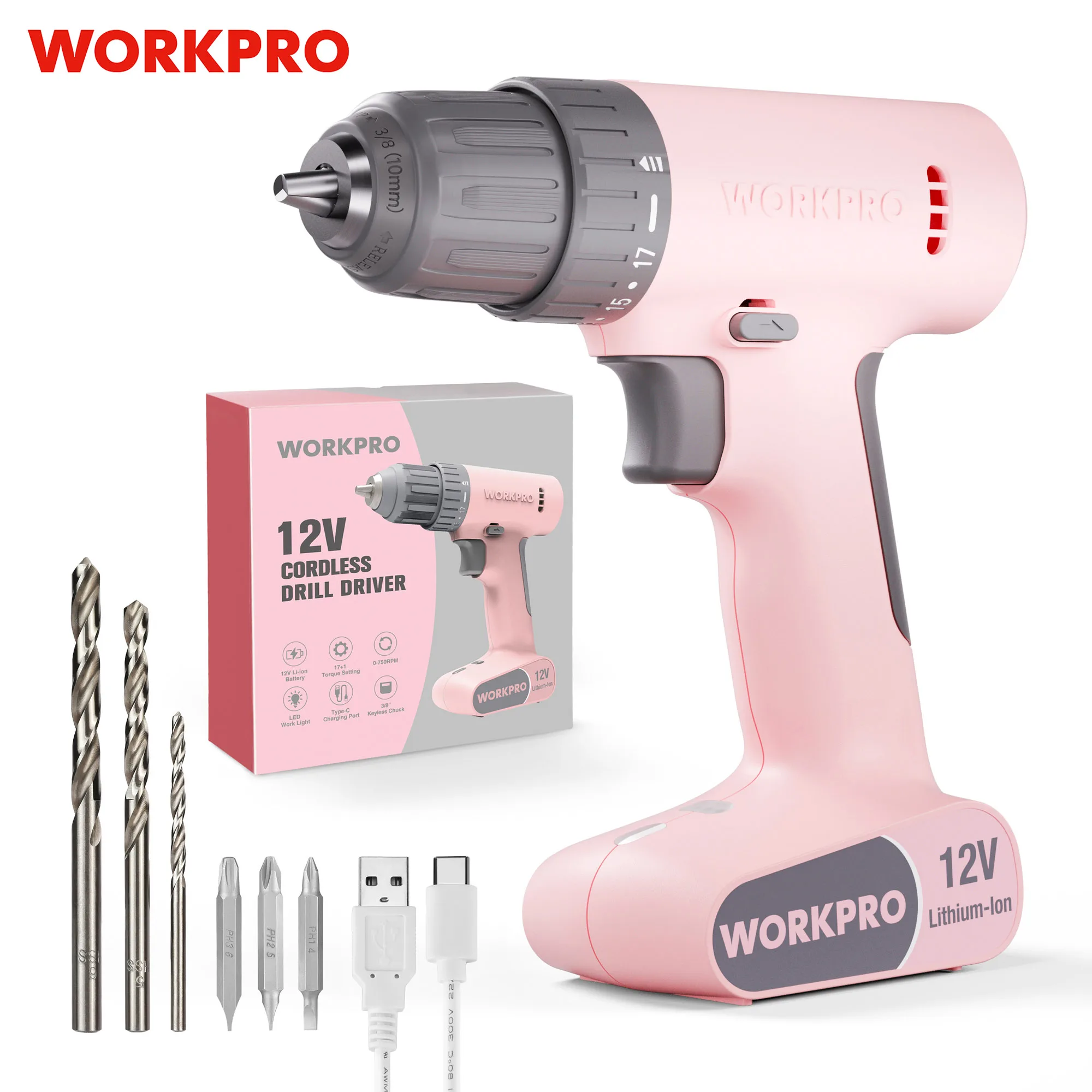 WORKPRO 12V Cordless Drill Driver Set Pink /White 17+1 Gear Torsion Adjustment Electric Power Drill Tool Kit