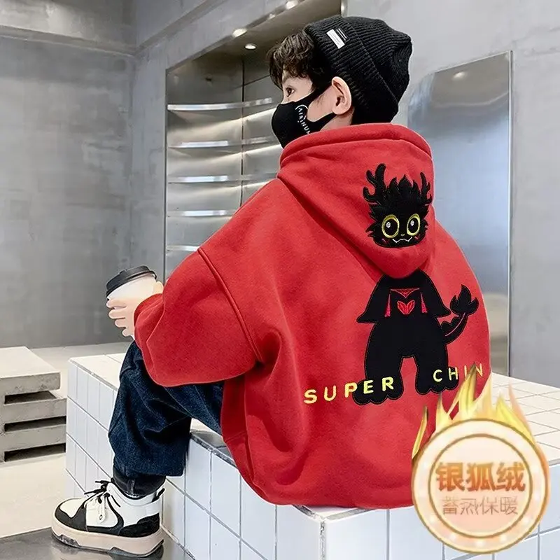 Boys Fashion Plush Hoodies Sweatshirts Autumn Winter Children\'s Streetwear Personality Cartoon Print Hoodie Pullover Sweatshirts