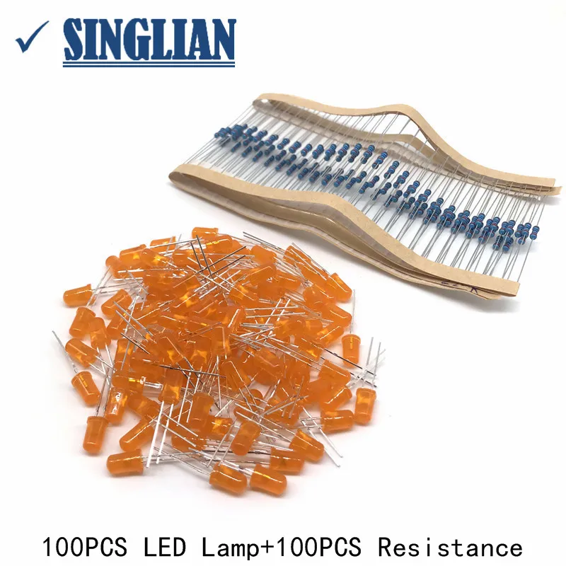 200PCS=100PCS Orange LED Lamp+100PCS Resistance 5MM LED Light-emitting Diode Light Assorted Kit DIY Short Feet