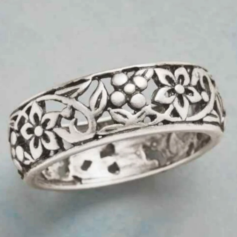 Vintage Hand Carved Geometry Hollow Flower Women's Ring Silvery Color Metal Daily Wear Party Jewelry Anniversary Gift
