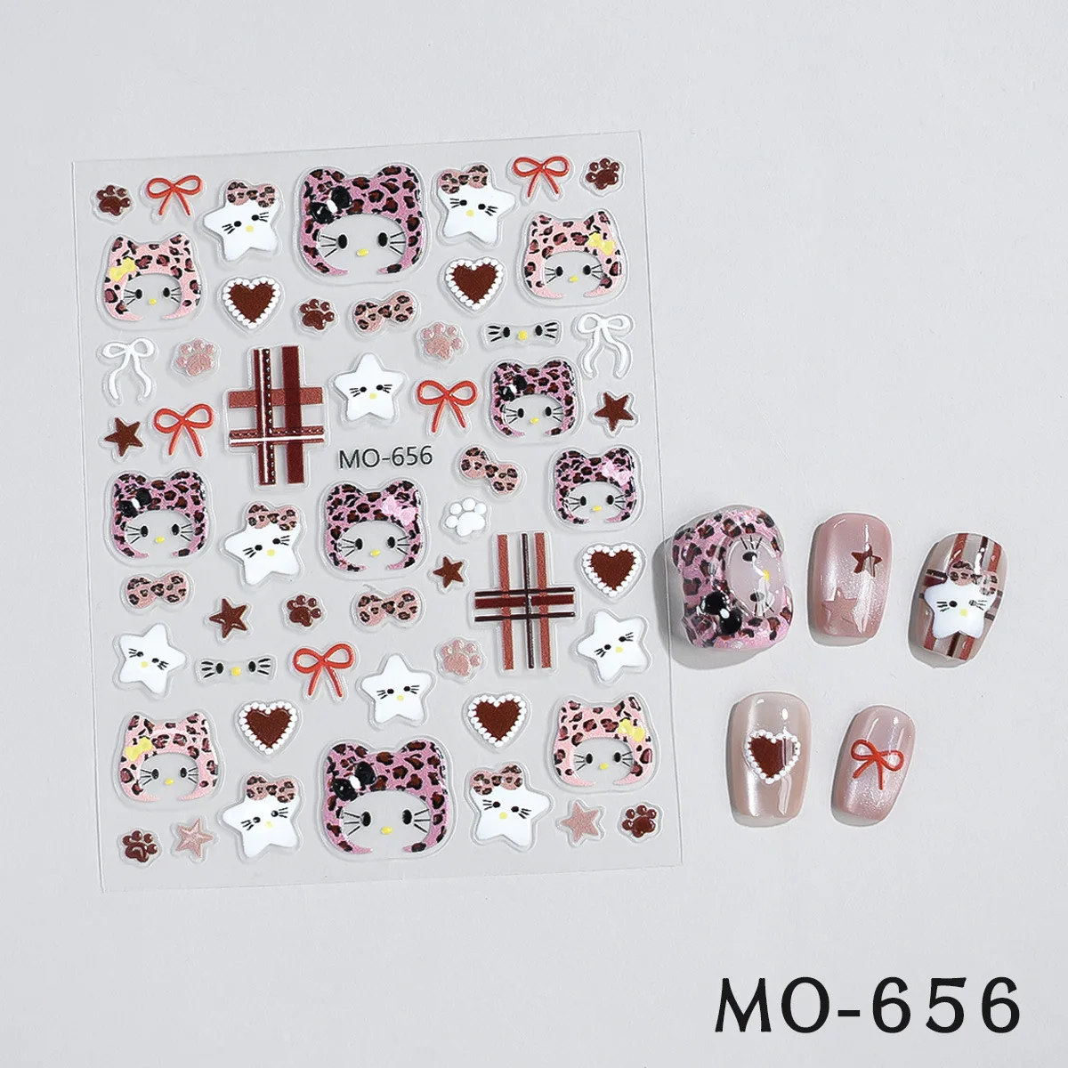 Set da 3 adesivi per unghie Hat Kitty - Nail art con fiocco e fungo 3D, decorazioni per unghie a pressione con simpatico cartone animato per manicure alla moda