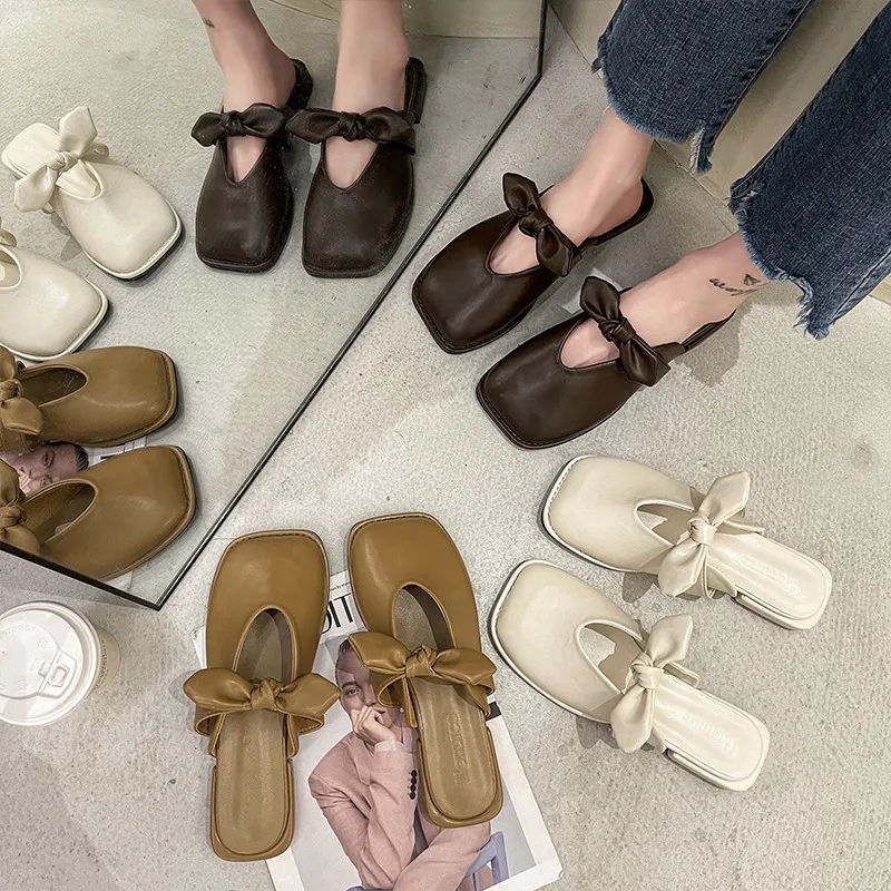 Butterfly-Knot Female Shoes Slippers Women Summer Mules Sexy Low Loafers Cover Toe Slides 2024 Flat Square Butterfly-knot Rubber