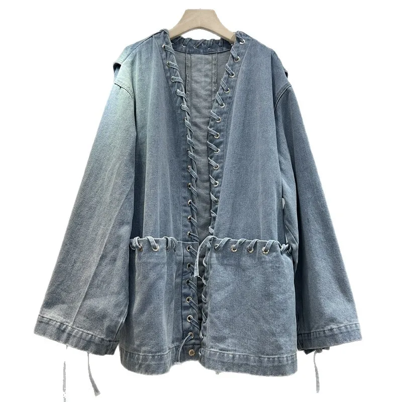 

SuperAen Spring and Autumn 2025 New High Street Denim Jacket Loose Straps Pocket Design Europe and America Coats