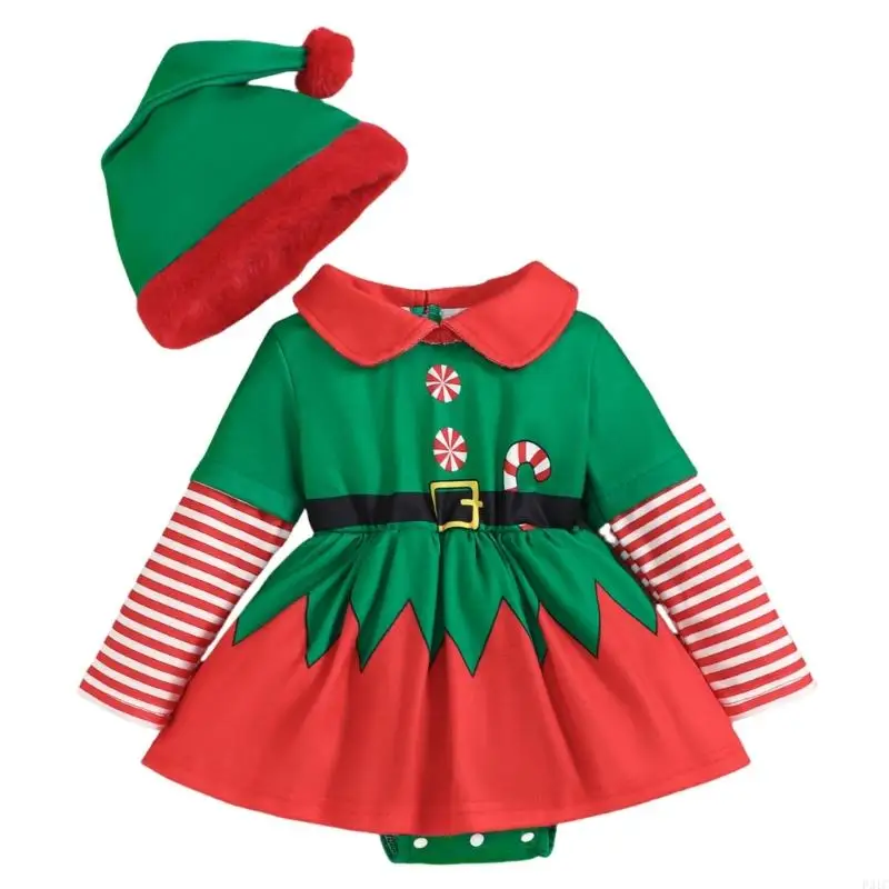 P31C Infant Baby Striped Romper Long Sleeve Christmas Dress with Matching Hat for Kids Themed Party Seasonal Celebrations