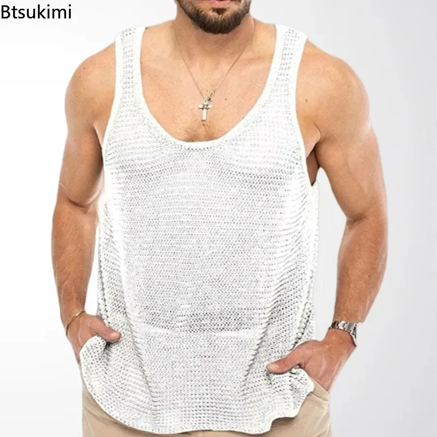 New Men's Summer Tank Tops Loose Knit Sports Vest Fashion Solid 100% Viscose Sleeveless Male T-shirt Breathable Mesh Sports Top