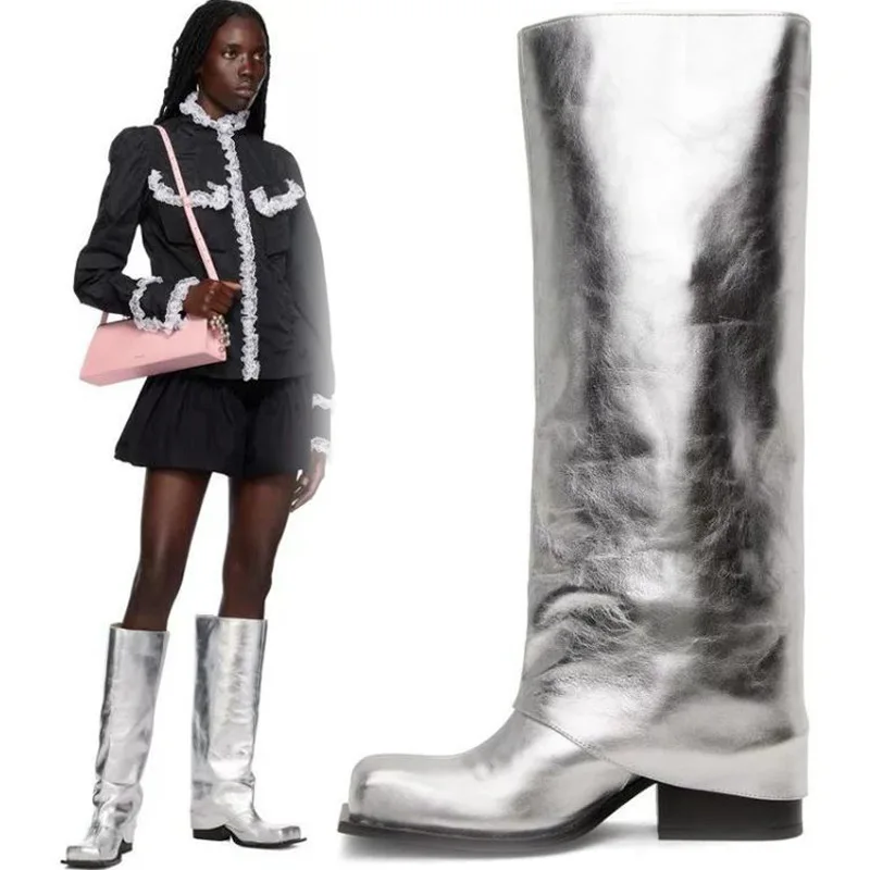 

Platform Chunky High-Heeled Square Toe Handsome Trouser Boots Silp On Large Size Catwalk Knee Boots Silver Women Shoes