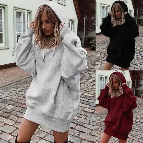 

Spring and Summer Fashion Ladies Solid Color Pullover Hooded Loose Long Sleeve Padded Sweatshirt Women