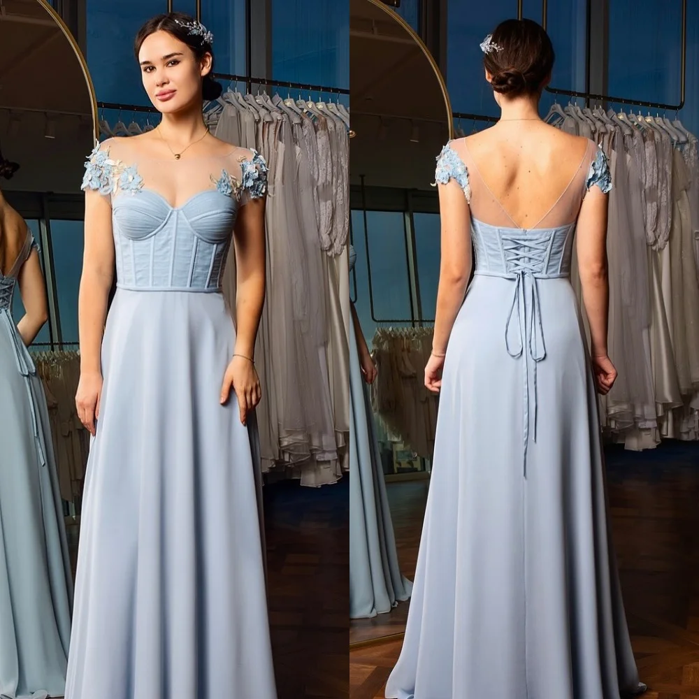 

Customized Classic Chiffon Pleat Applique A-line Jewel Long Dresses Bespoke Occasion Dresses Simple Pastrol