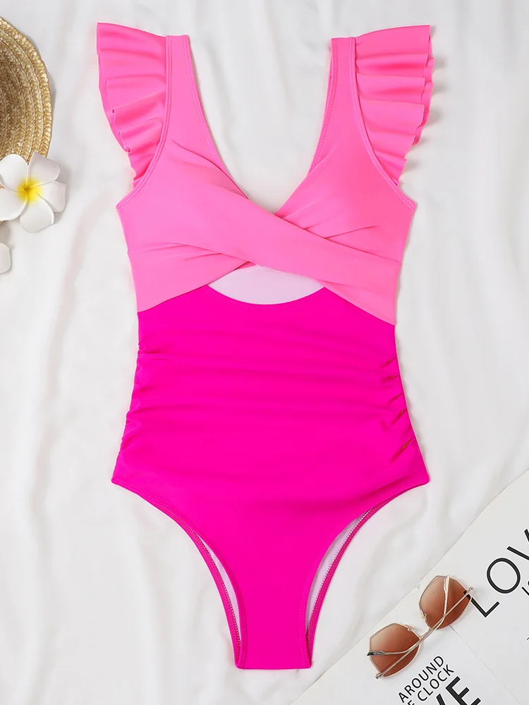 2026 New Summer Swimwear One Piece Swimsuit Sexy Contrast Color Ruffles One Piece Swimsuit Women Beach Vacation Bikinis