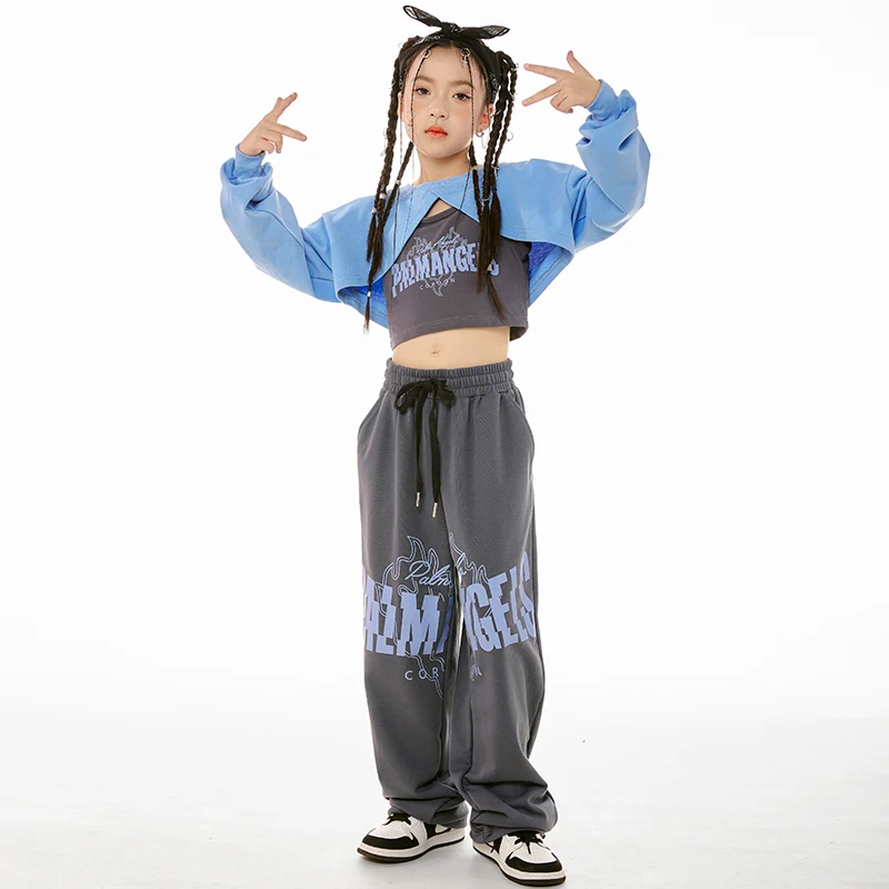 Kids Hip Hop Clothes Girls Jazz Dance Costume Navel Tops Loose Sweatpants Street Dance Practice Clothing Kpop Suit Winter L11722