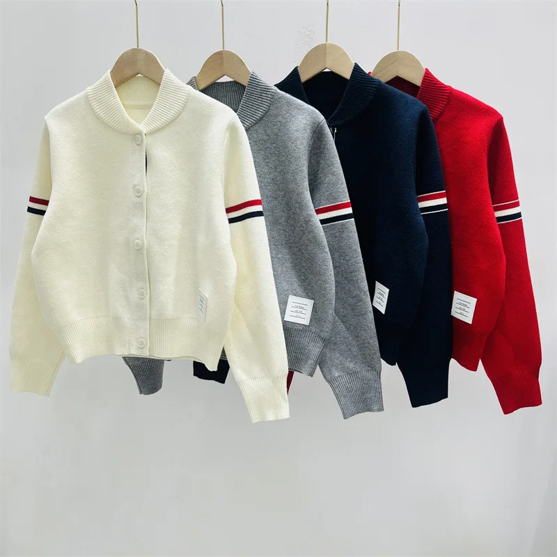 Baseball jersey women's autumn and winter new cardigan double sleeve colorful ribbon striped long sleeved knitted sweater jacket