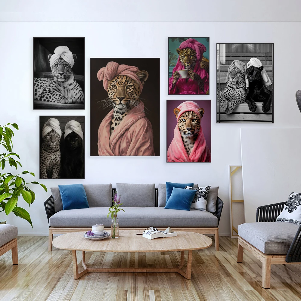 Leopard art in sauna, cheetah in bathrobe and bandana print, leopard and leopard spa print, animal bathroom decor poster