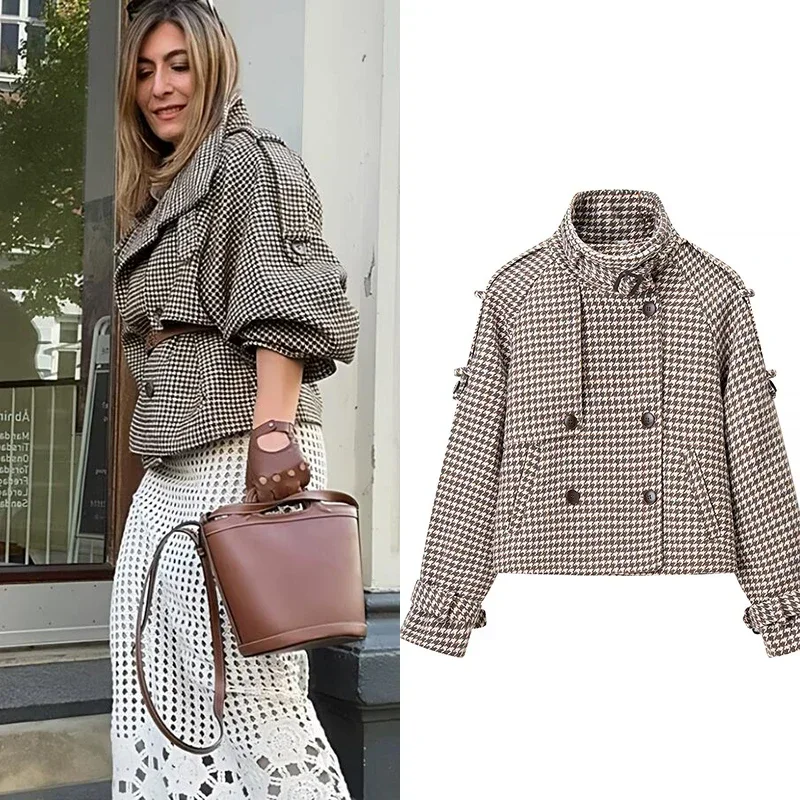 

Осень 2024, британская женская куртка, элегантное клетчатое пальто с лацканами, женское повседневное двубортное пальто с длинными рукавами и пуговицами, женское