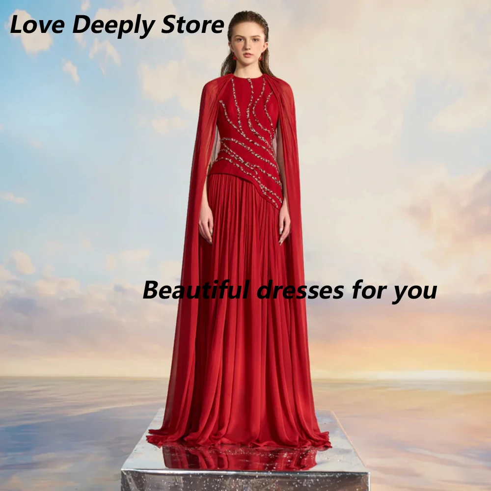 

Red Prom Dress with Beading Crystal Customized Round Neck Long Sleeves Pleat Chiffon A Line Wedding Party Gown Evening Dresses